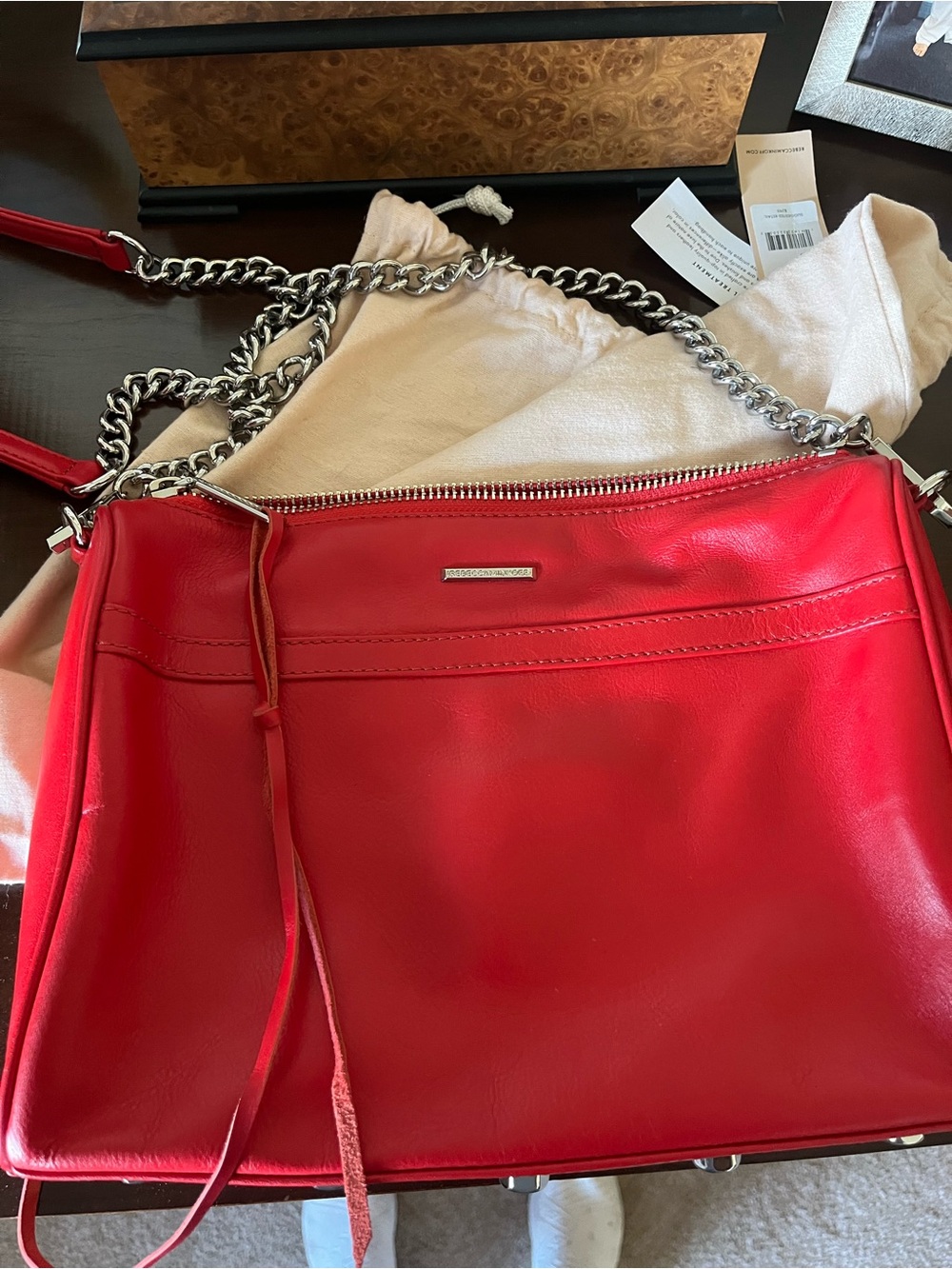 Rebecca Minkoff Red Leather Shoulder Bag with Silver Chain Strap